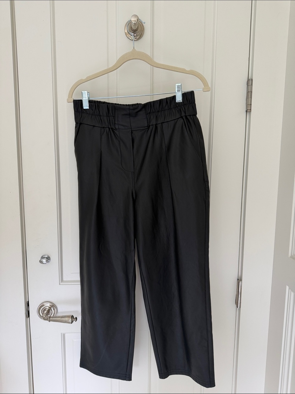 Women’s Black Leather Elastic-Waist Dress Pants